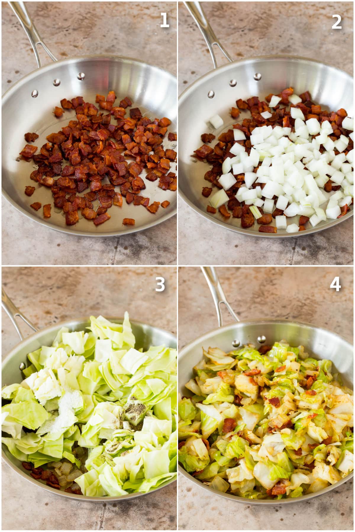 Step by step shots showing how to cook bacon, onions, cabbage and noodles.