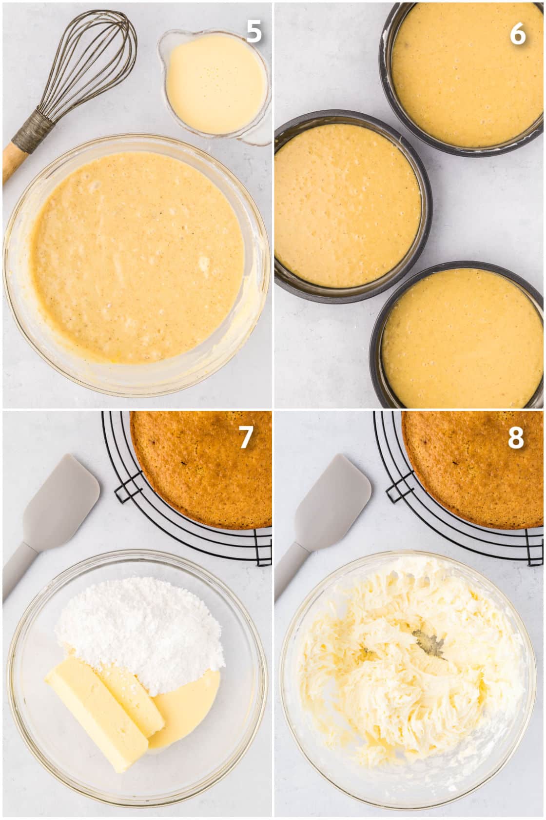 Cake batter in cake pans and buttercream frosting being made.