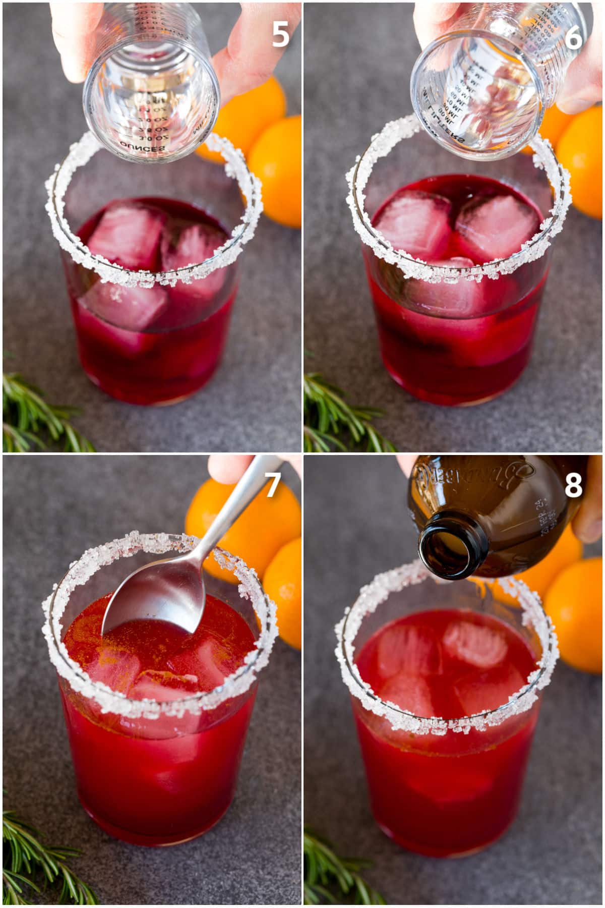 Juices and ginger beer being poured into a cup and stirred.