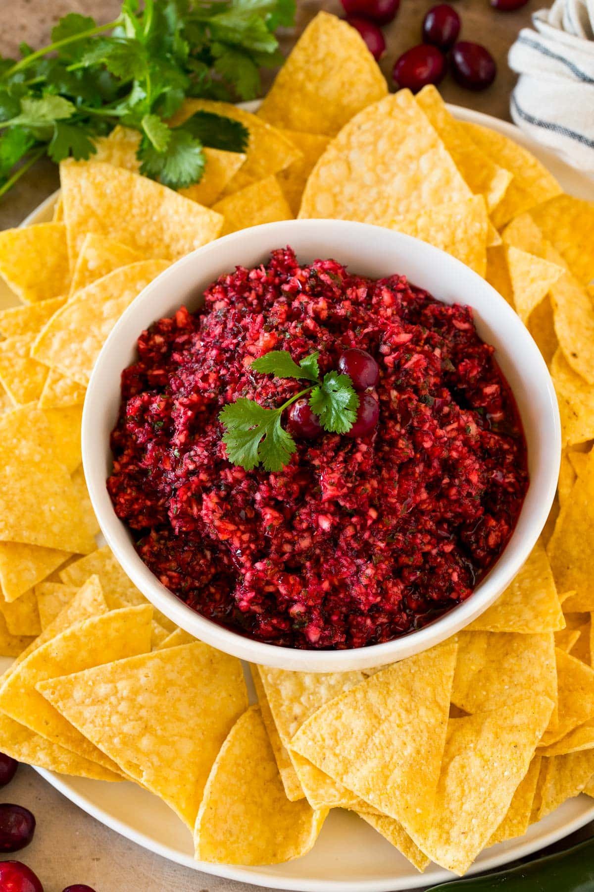 A bowl of cranberry salsa served with tortilla chips.