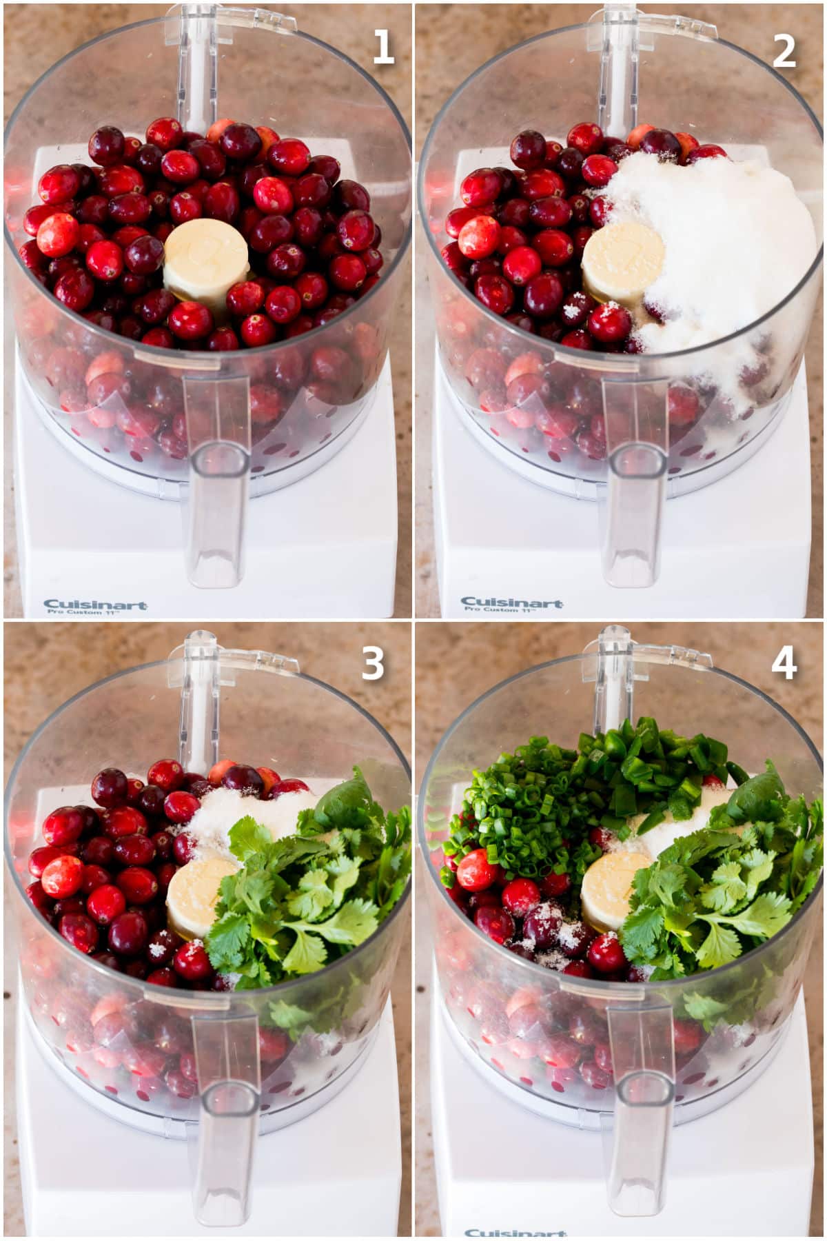 Cranberries, cilantro, jalapeno and sugar being added to the bowl of a food processor.