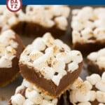 S’mores fudge with a crunchy graham cracker crust, creamy chocolate fudge filling and plenty of toasted marshmallows on top.