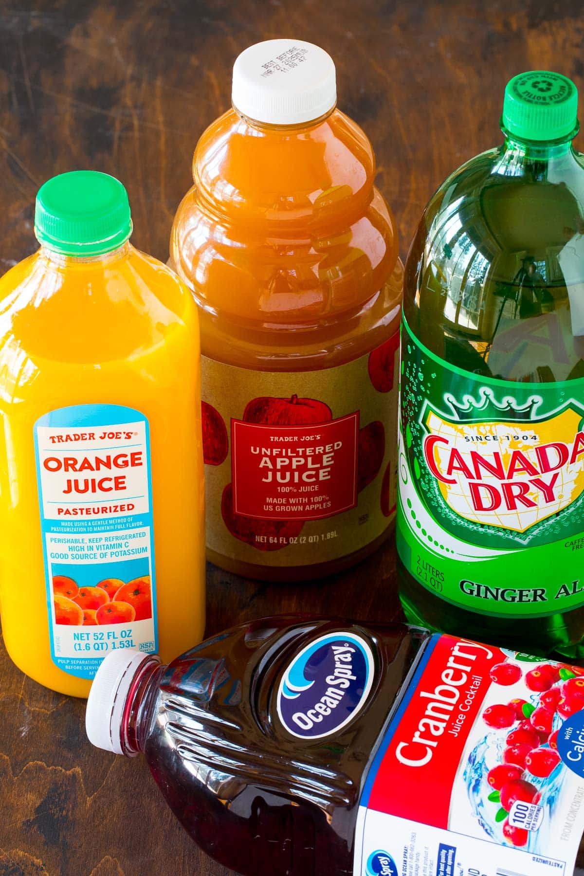 Bottles of juices and ginger ale.
