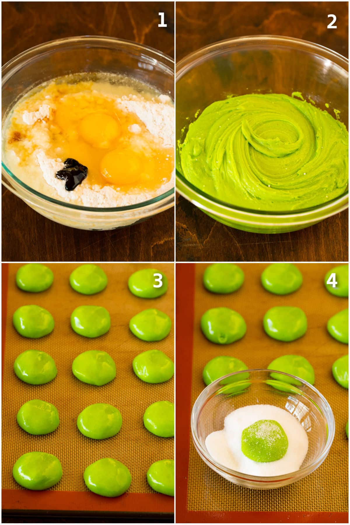 A bowl of cookie dough being made, rolled into balls and dipped in sugar.