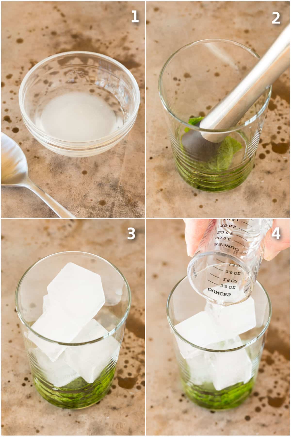 Sugar dissolved in water, mint in a cup with a muddler with ice and rum.