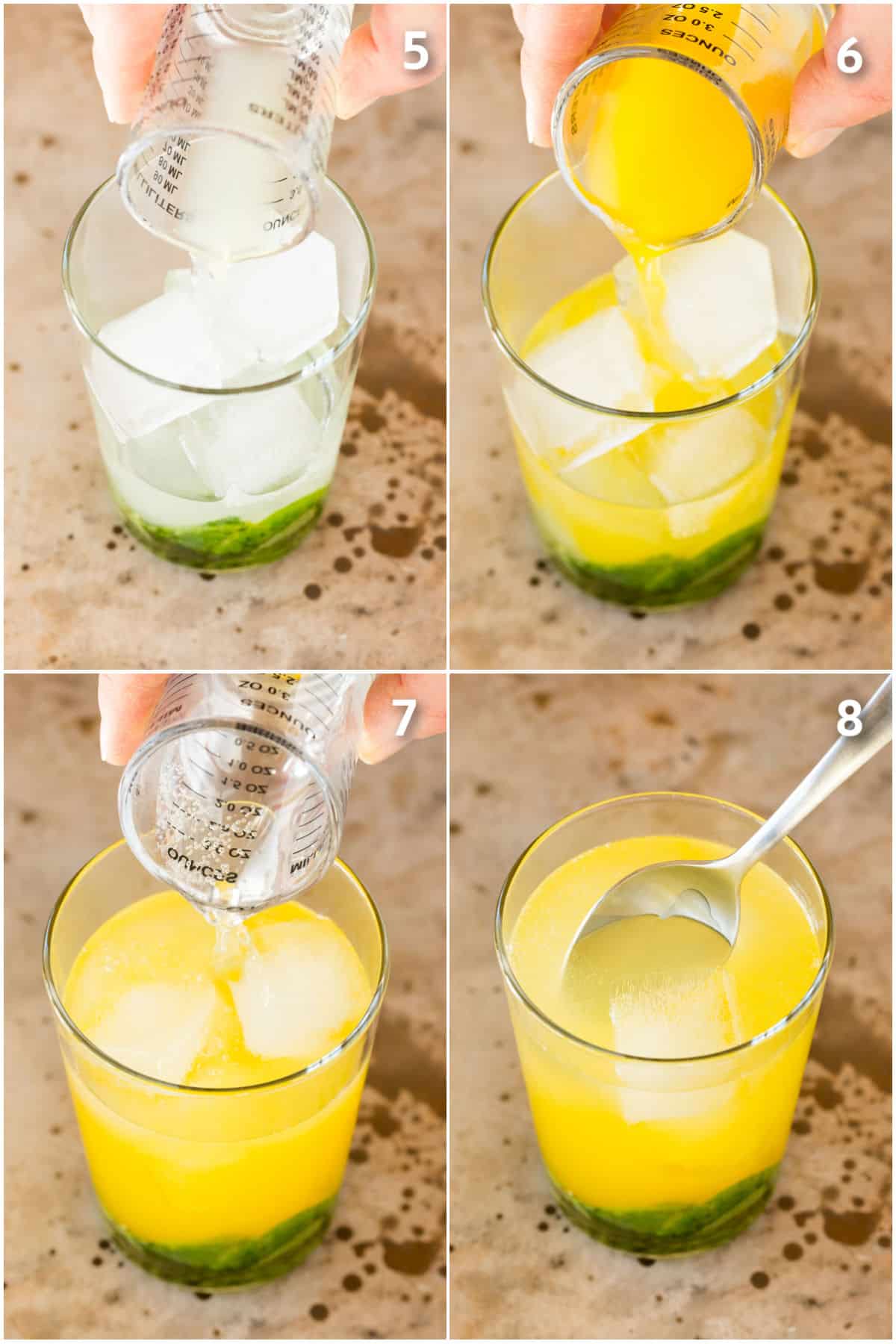 Lime juice, mango nectar and club soda being poured into a cocktail.