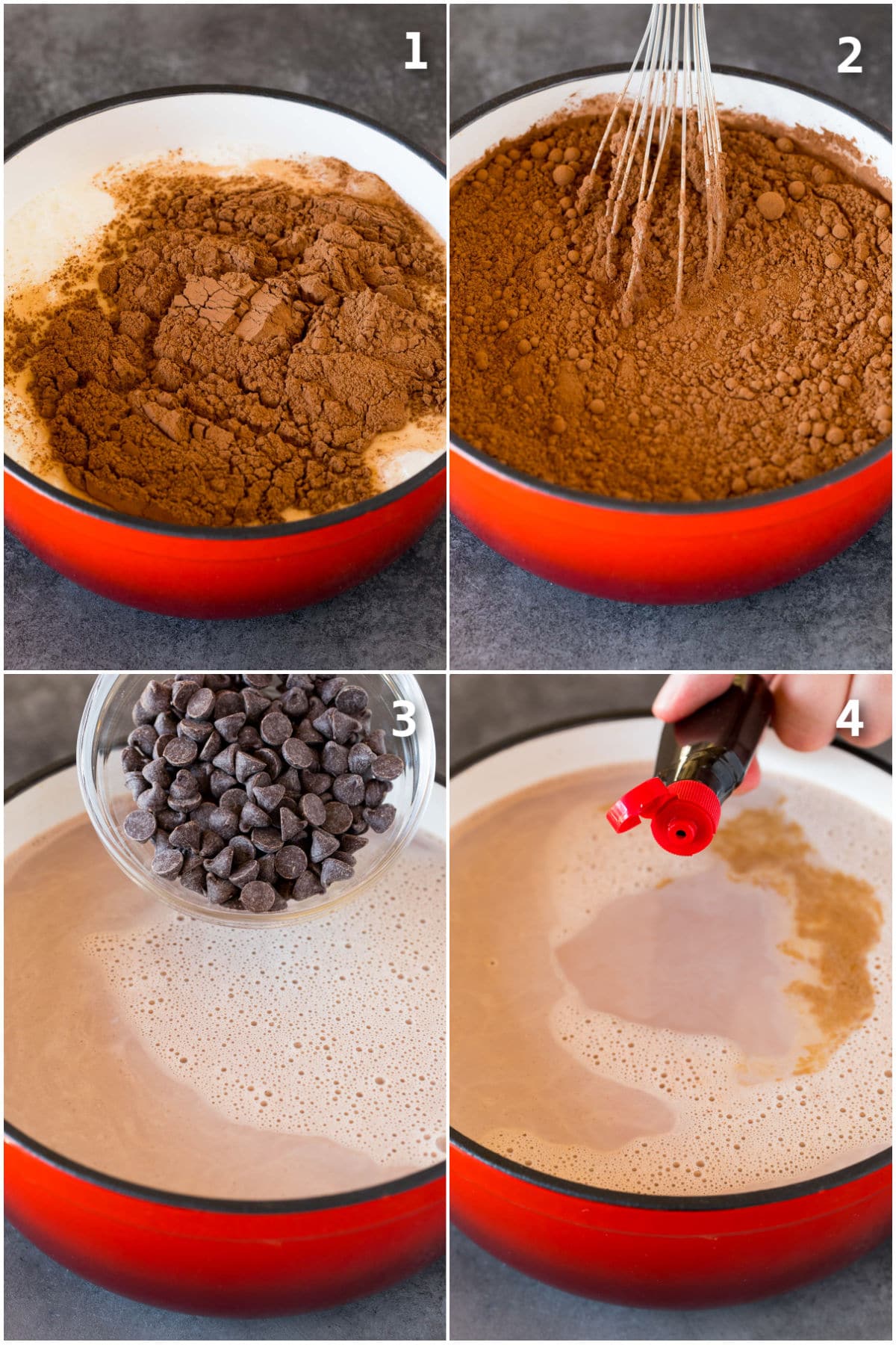Cocoa and sugar being whisked into milk with chocolate and extract added.