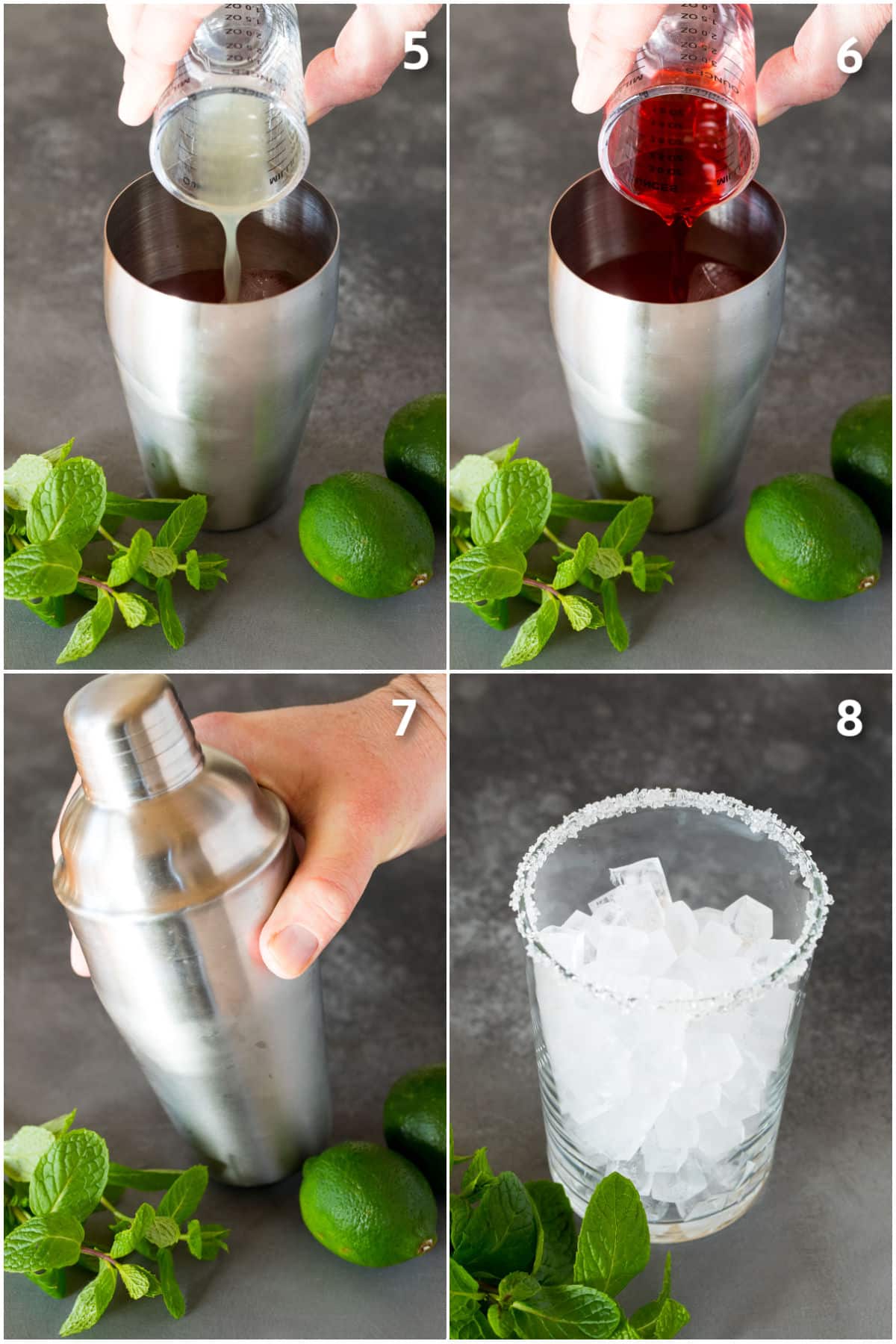 Lime juice and grenadine being poured into a cocktail shaker, and a cup of ice.