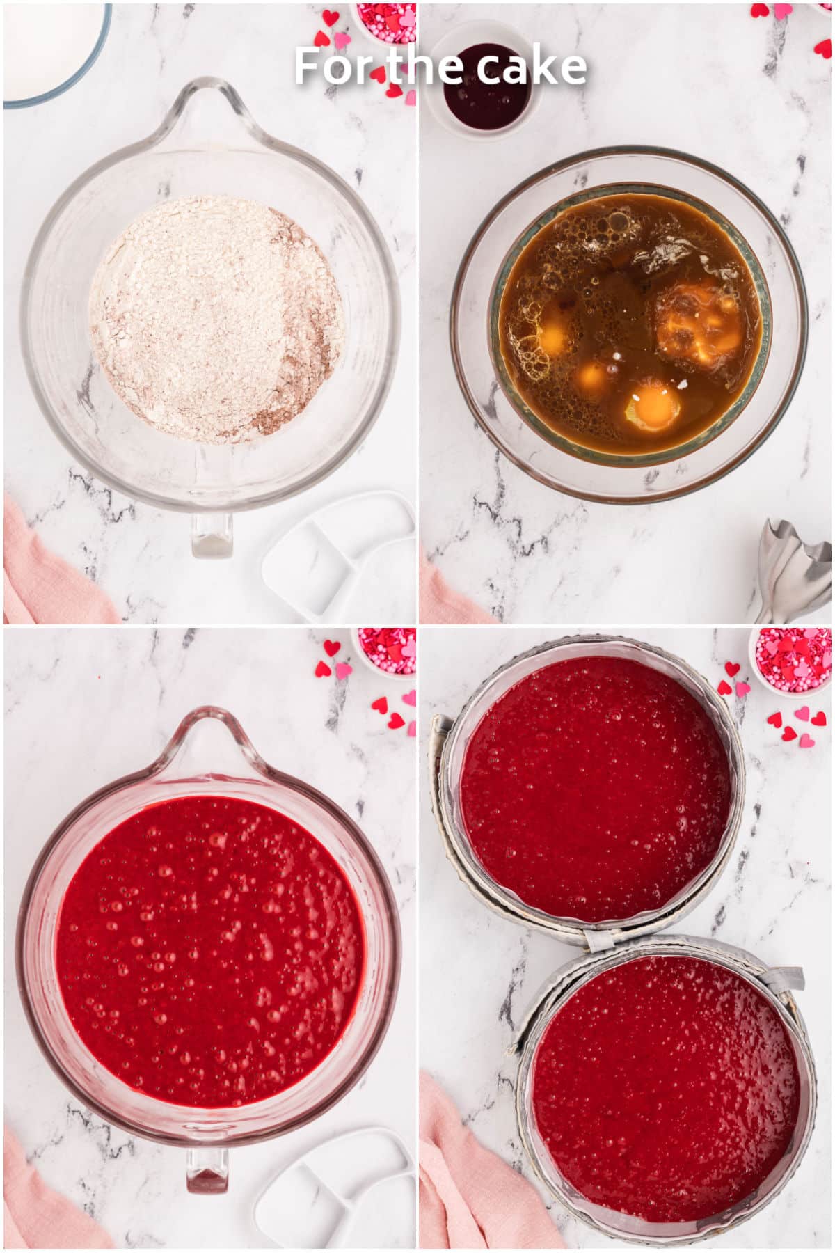 Dry and wet ingredients being mixed together and put in pans for red velvet cake.