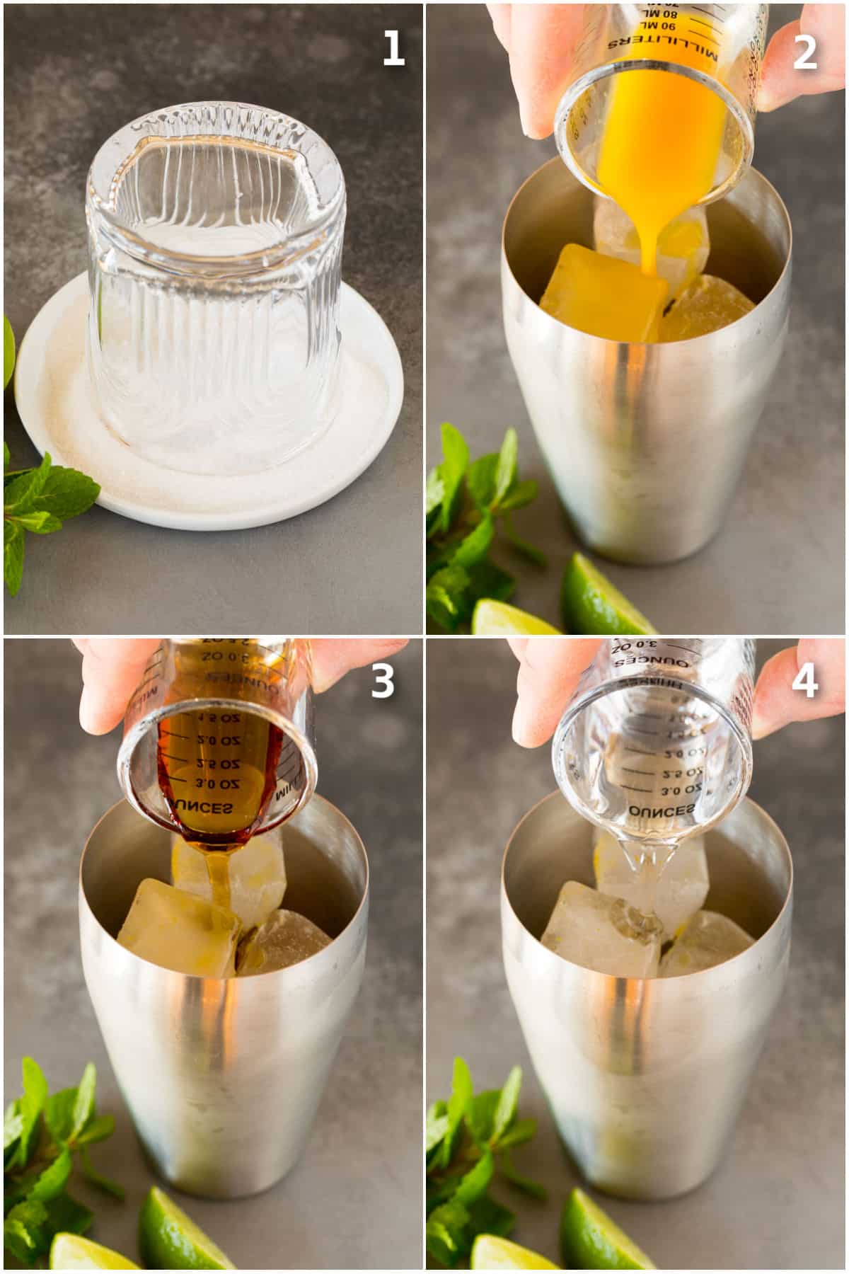 A cup rim being coated in salt and sugar, and ice, passion fruit, agave and liquor going into a cocktail shaker.