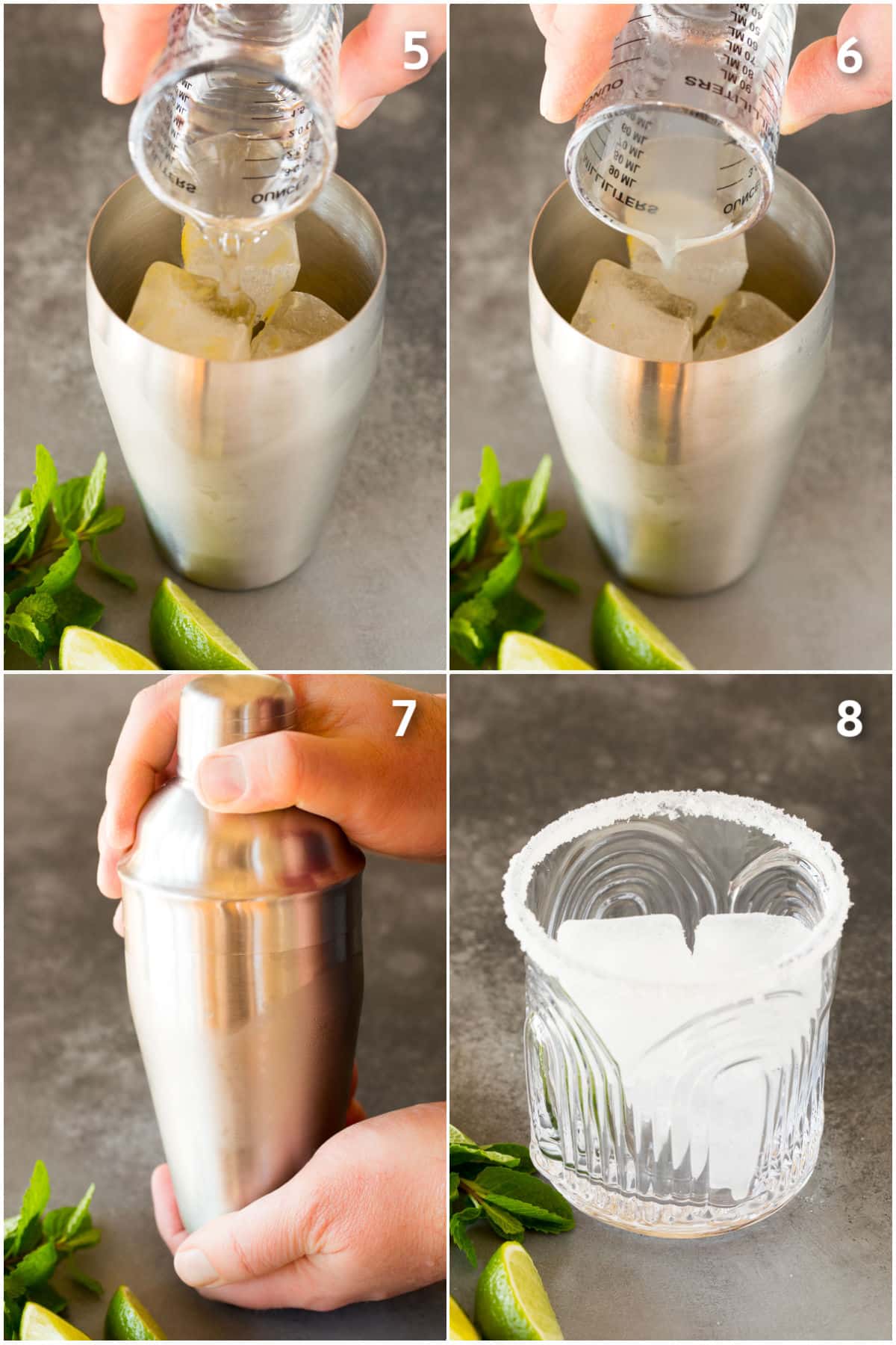 Ingredients being poured into a cocktail shaker then shaken, and a cup of ice.