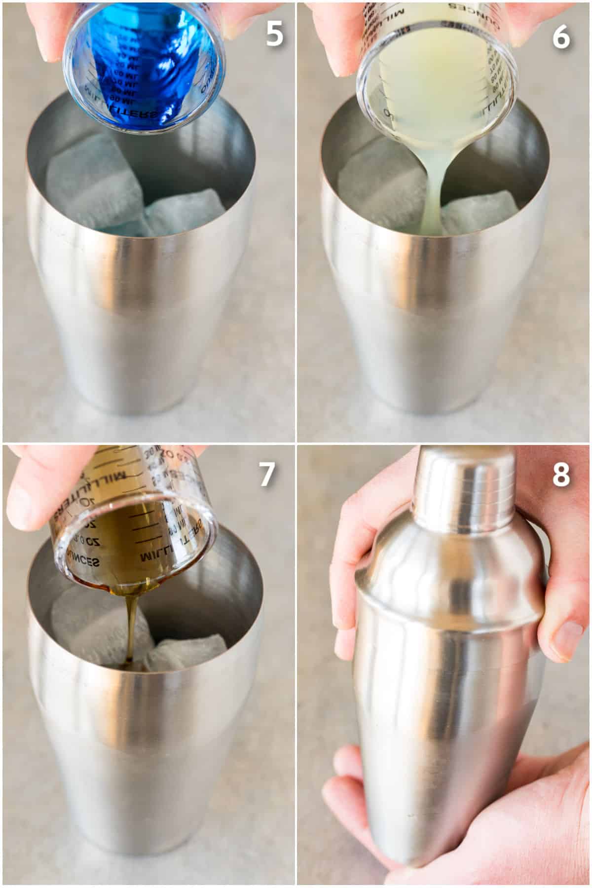 Blue curacao, lime juice and agave syrup being poured into a cocktail shaker.