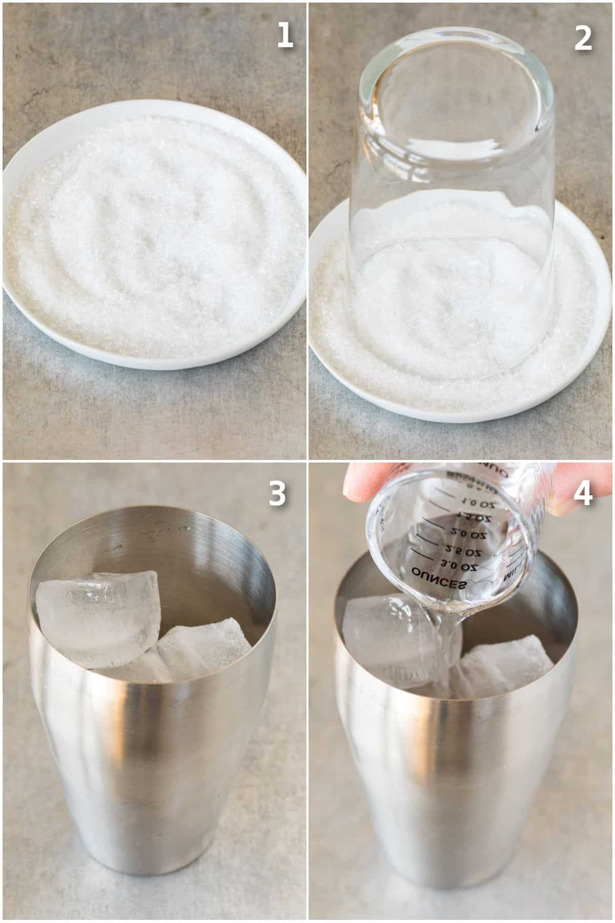 A glass being dipped into sugar and salt, and ice and tequila in a cocktail shaker.
