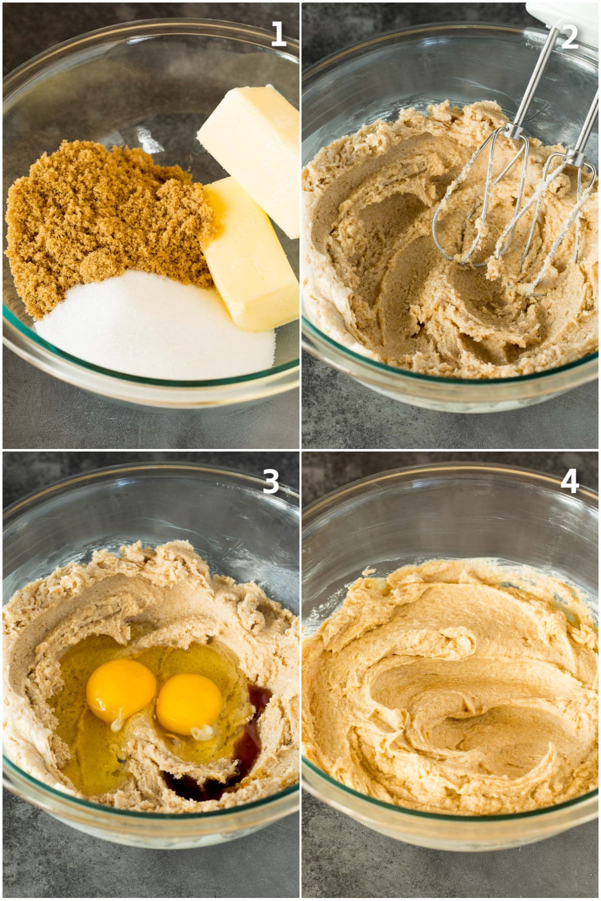 Cookie dough being prepared in a mixer.