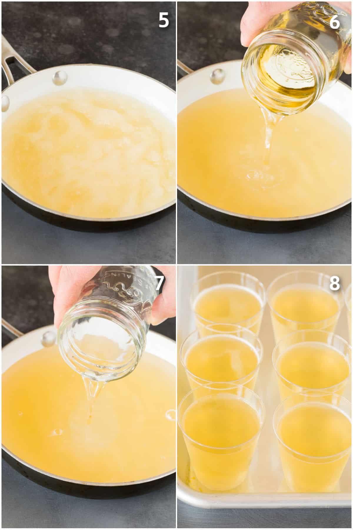 Vodka and champagne being poured into a gelatin mixture.