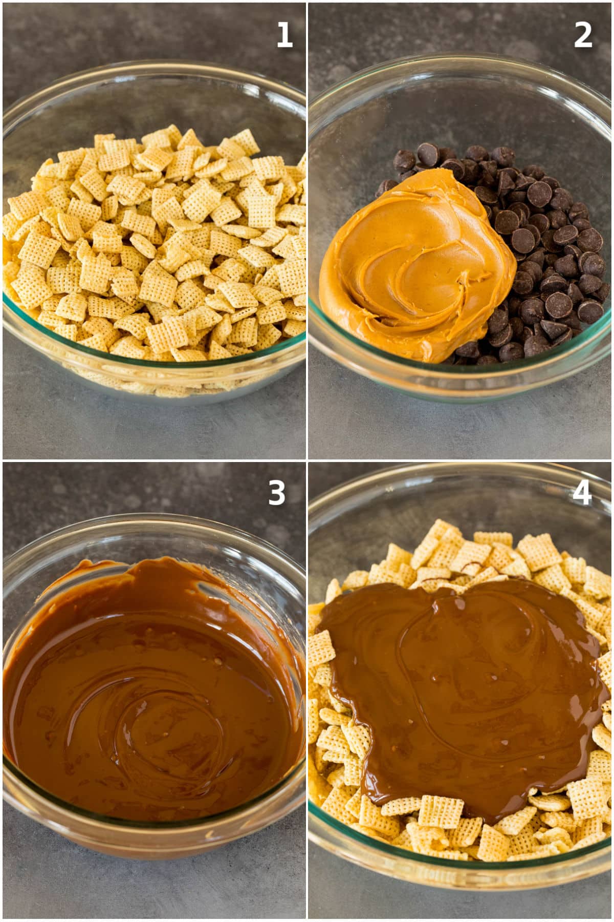 Chocolate and peanut butter melted together and poured over rice Chex.