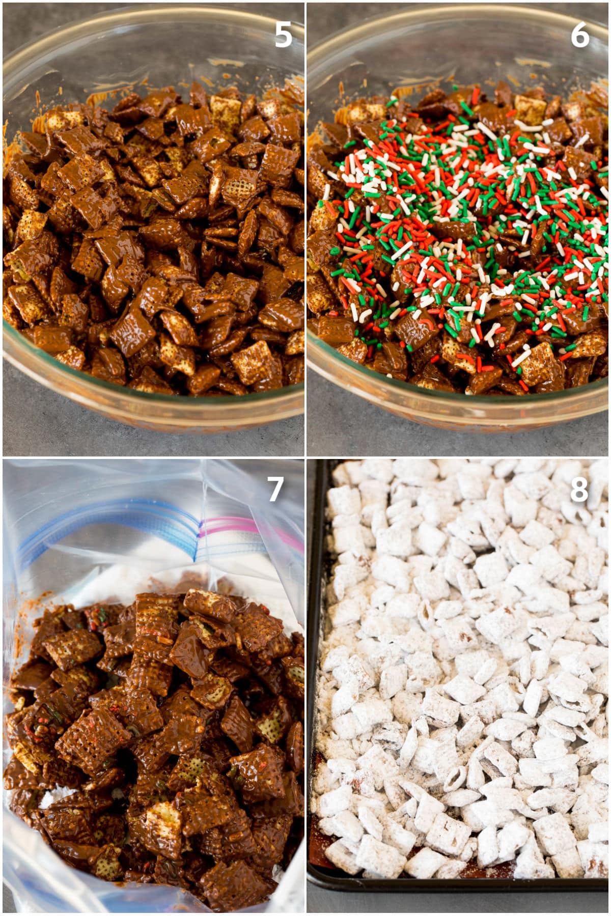 Chex cereal coated in melted chocolate, then covered in powdered sugar.