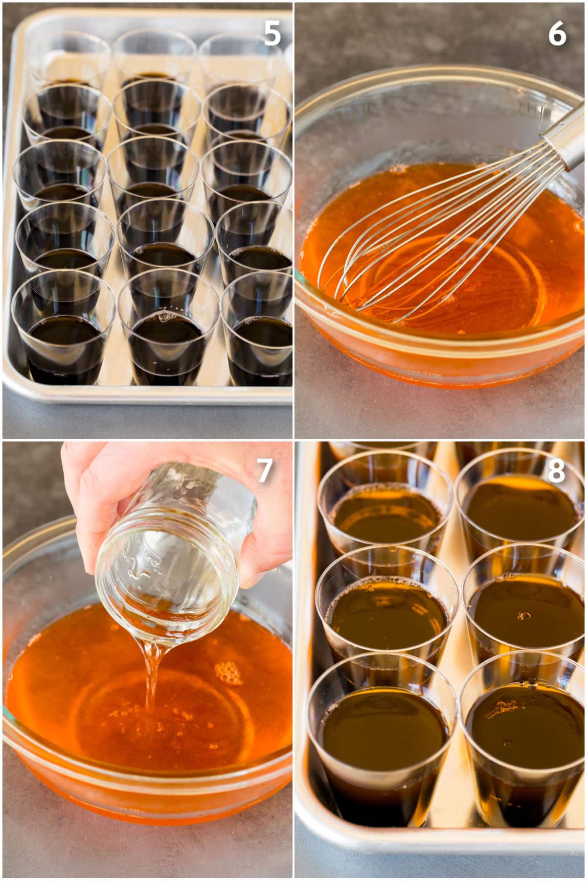 Orange gelatin being prepared and poured over black gelatin in cups.