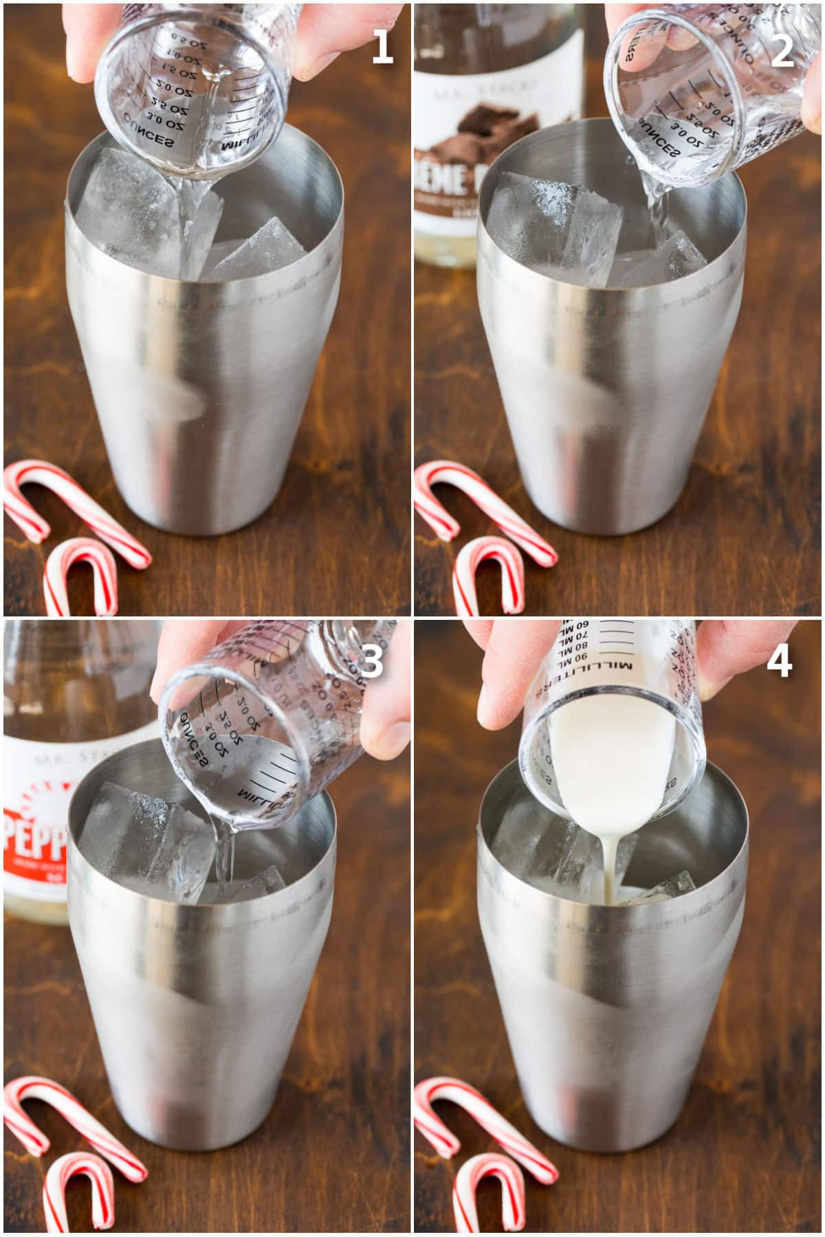 Liqueurs, vodka and heavy cream being poured into a cocktail shaker.