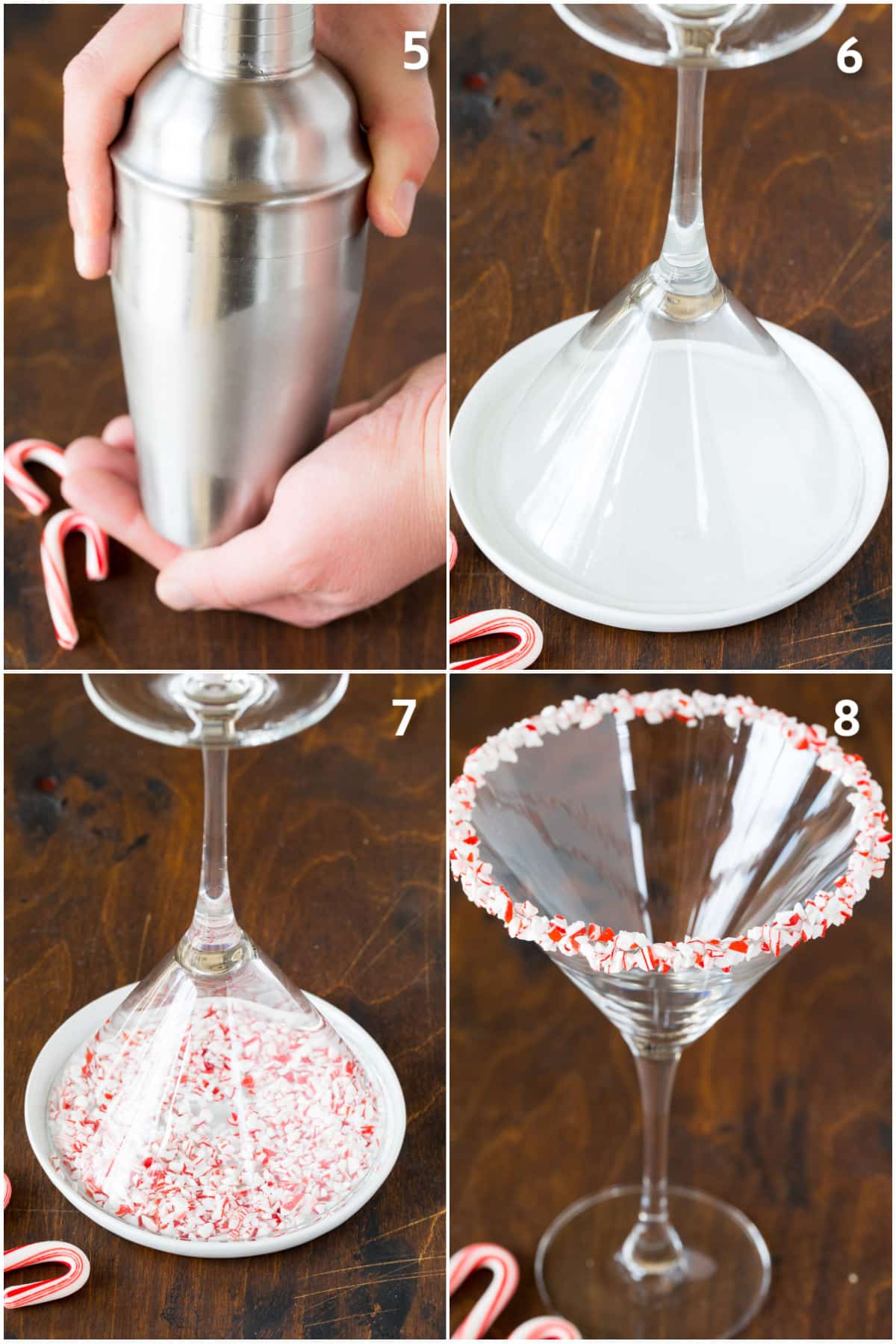 A martini glass dipped in corn syrup then crushed candy canes.