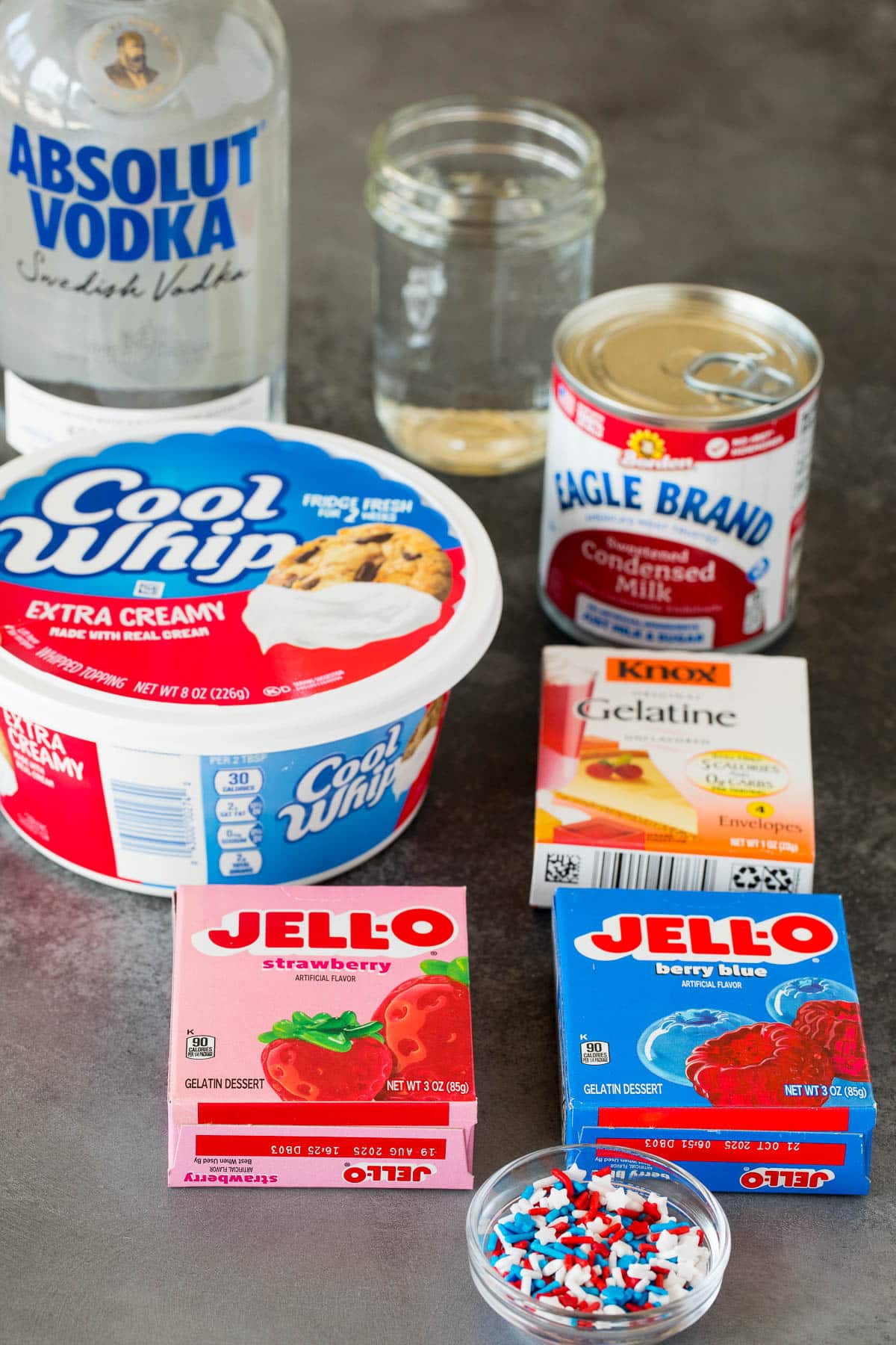 Ingredients including boxes of gelatin, vodka and water.