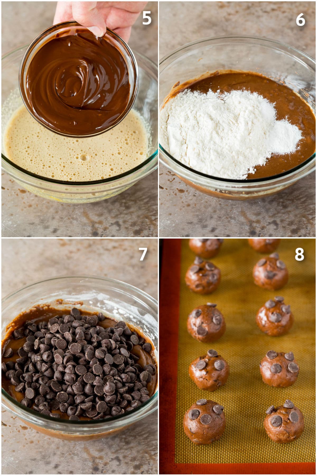 Cookie dough with ingredients being added, then rolled into balls.