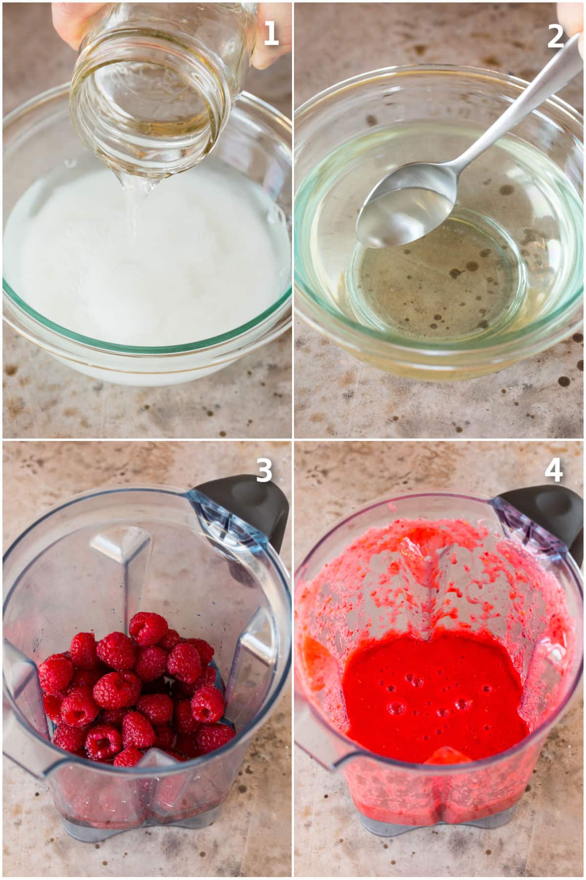 Sugar syrup and raspberries blended together.