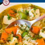 This turkey and rice soup consists of diced turkey, colorful vegetables and tender rice, all simmered together in a homemade broth.