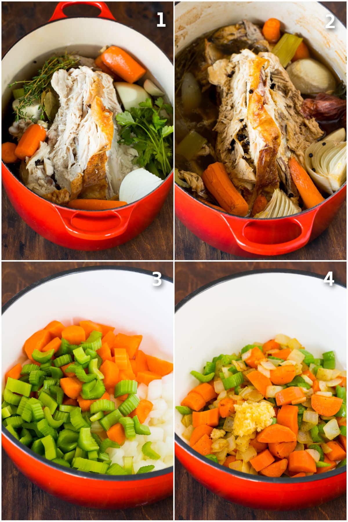 Turkey broth being made, and vegetables sauteed in a soup pot.