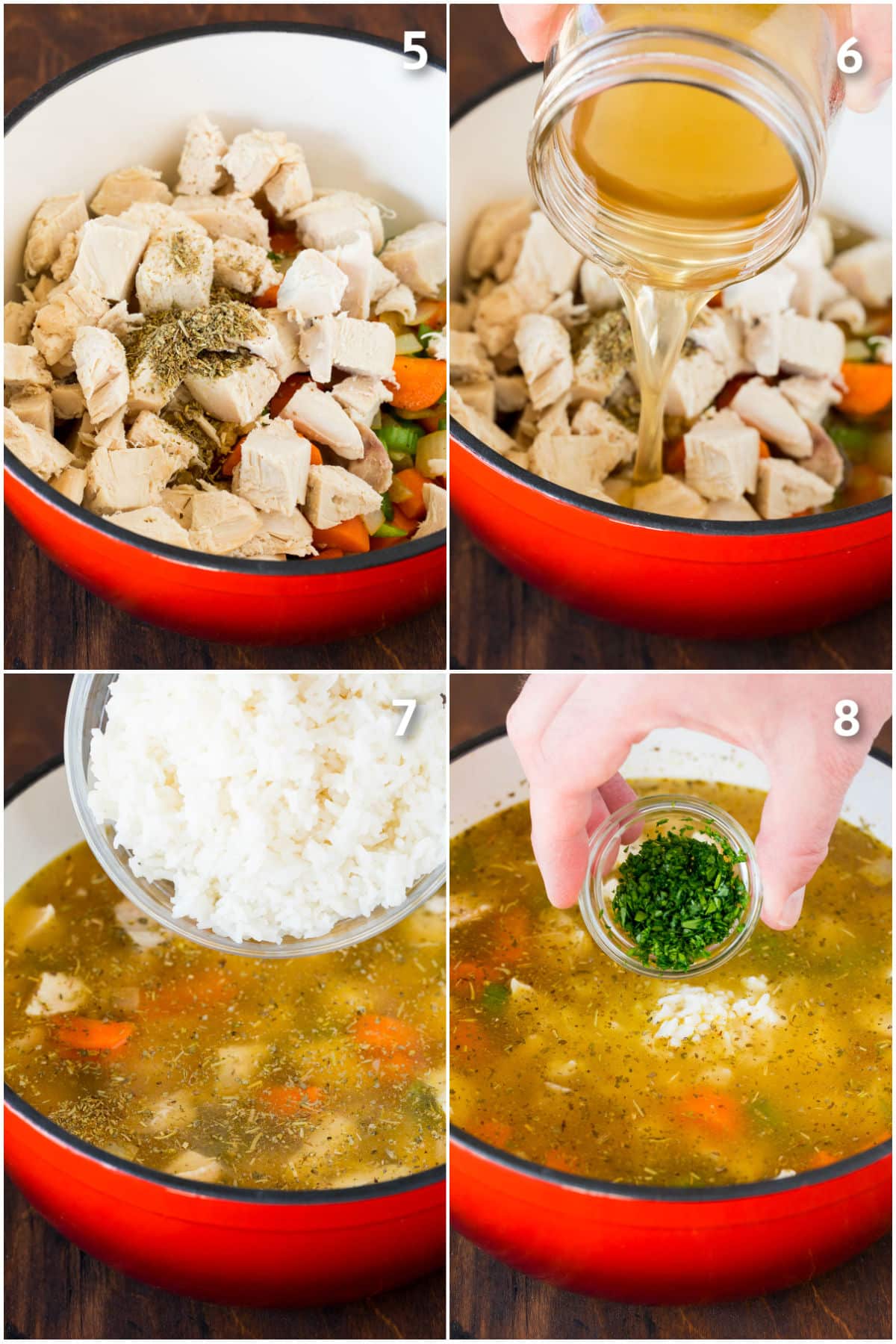 Turkey and rice being added to a pot of soup.