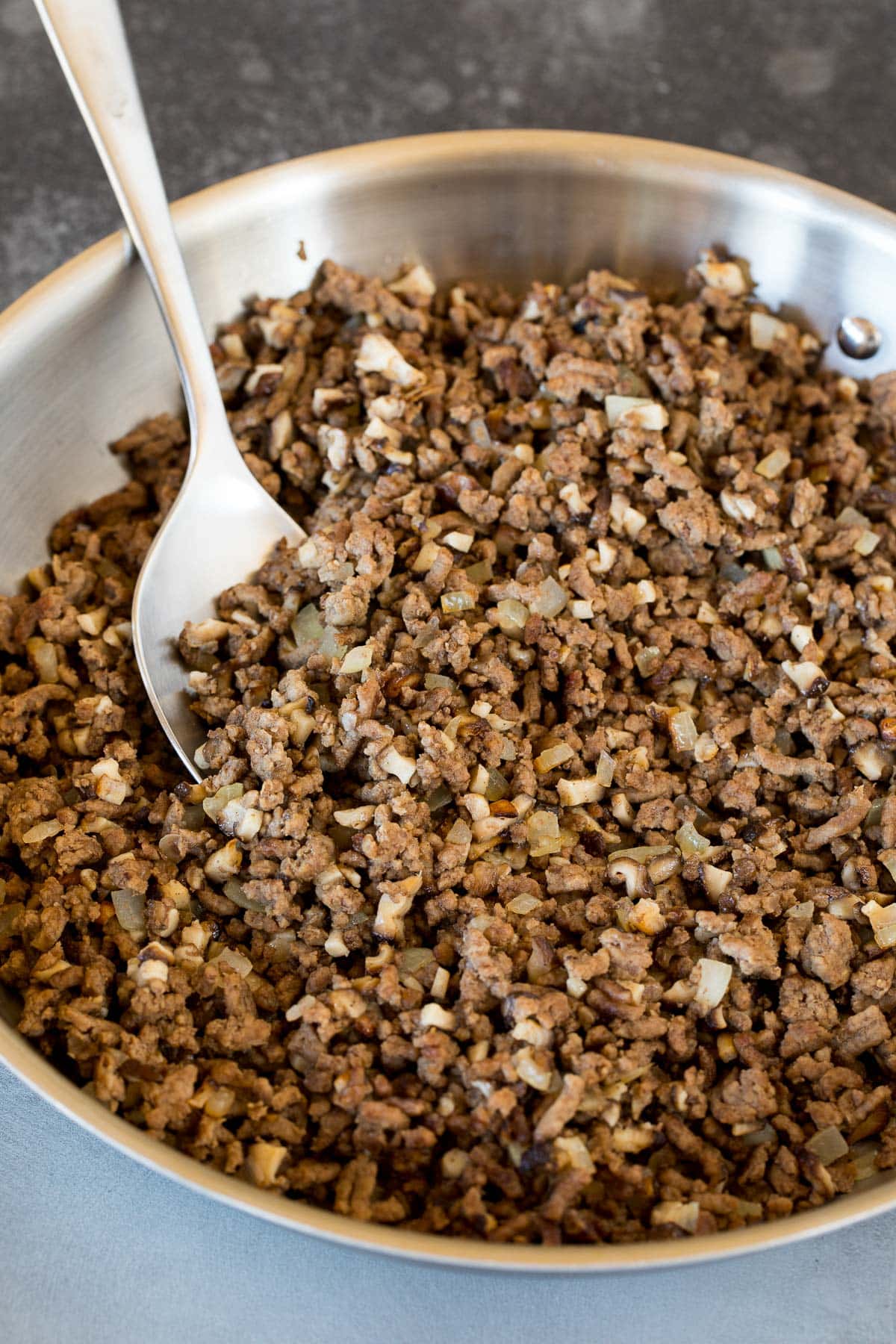 Ground beef cooked with vegetables.