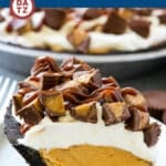 A slice of chocolate peanut butter pie with a cookie crust, peanut butter filling and whipped cream topping.