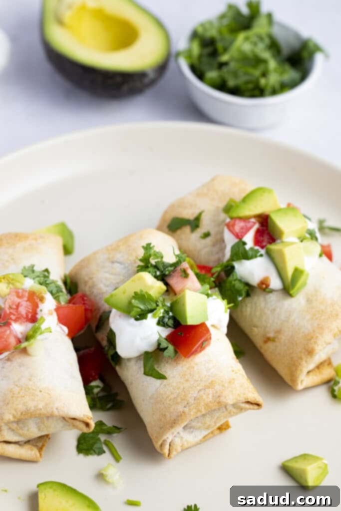 Two frozen burritos cooked in the air fryer, garnished with fresh toppings