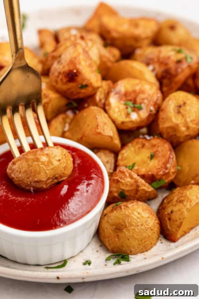 air fryer home fries on a plate being dipped into ketchup with a fork