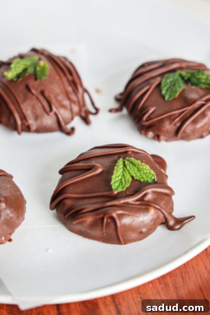 Close-up of a homemade vegan peppermint patty, showing the rich chocolate coating.
