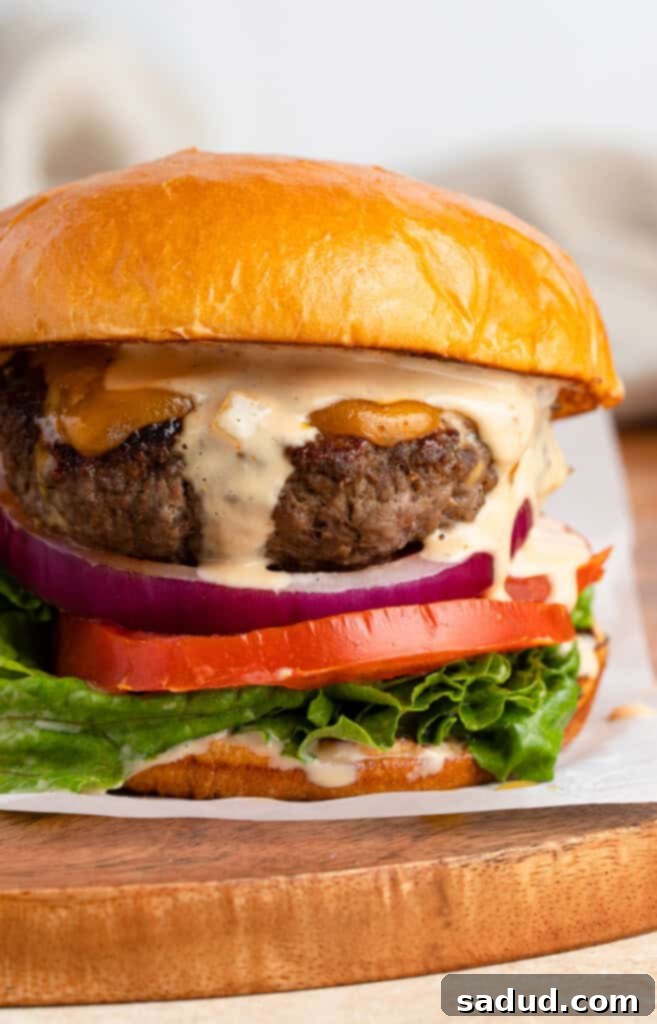 Close up photo of buffalo burger with burger sauce, tomato, onion, and lettuce on a bun, showcasing its juicy texture and vibrant toppings