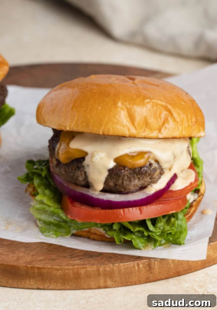 Buffalo burger with burger sauce, onion, tomato, lettuce on a bun, sitting on a rustic wooden cutting board