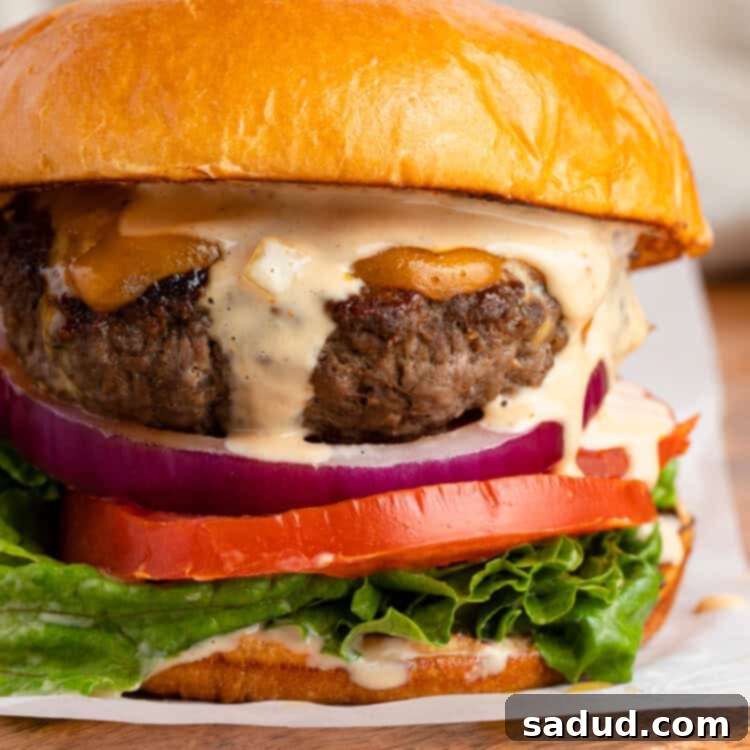 Close up photo of buffalo burger with burger sauce, tomato, onion, and lettuce on a bun