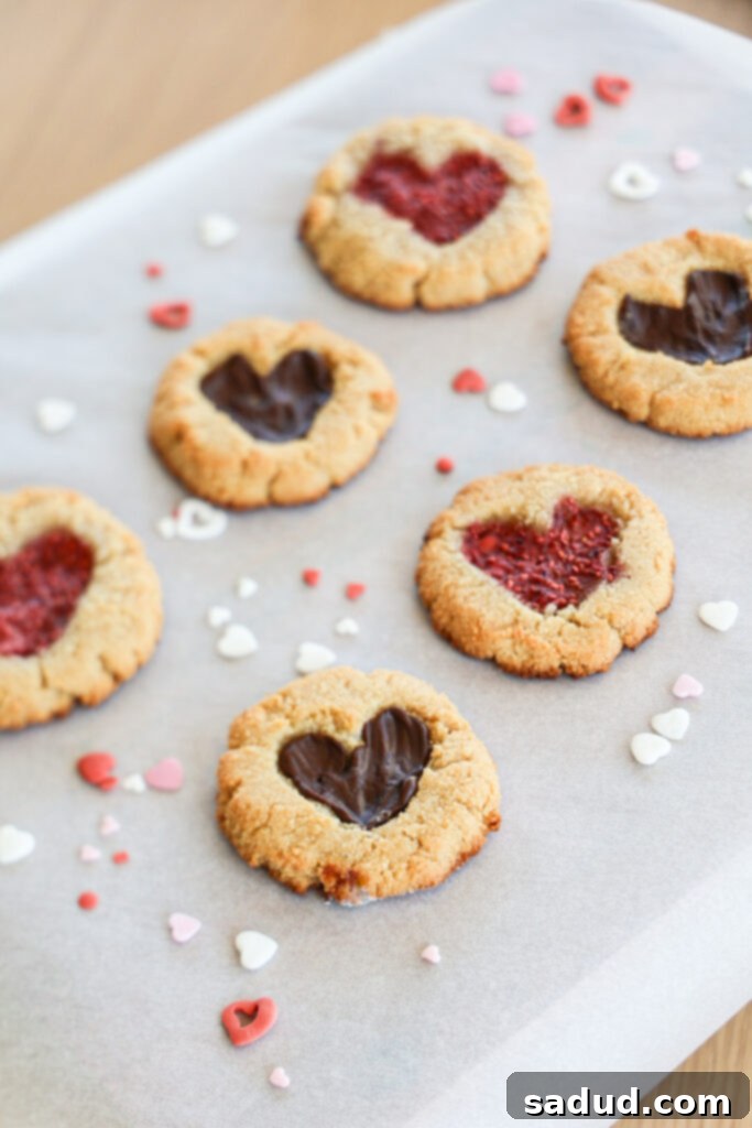 Valentines Day Heart cookies - Top view of heart-shaped cookies with jam and chocolate fillings