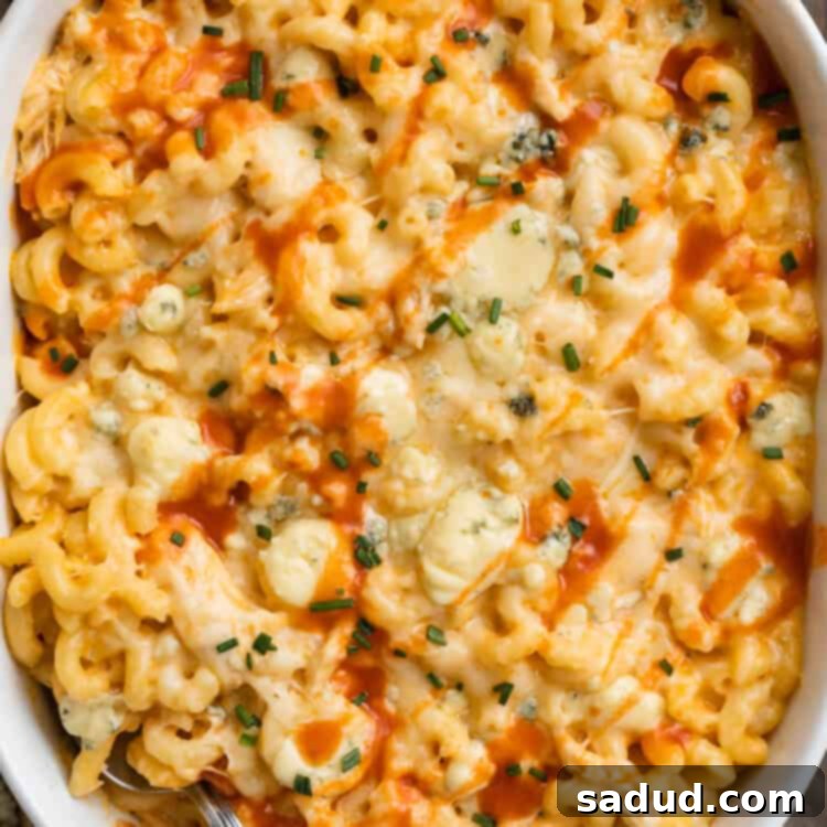 Close up, overhead view of buffalo chicken mac and cheese in a casserole dish on a dark wooden background, showcasing the rich, red hue of the sauce.