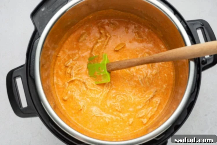 instant pot buffalo chicken dip step 3 showing melted cheese and shredded chicken