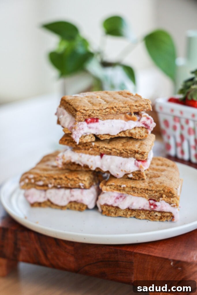 A beautifully arranged stack of Strawberry Frozen S'mores, showcasing layers and deliciousness.