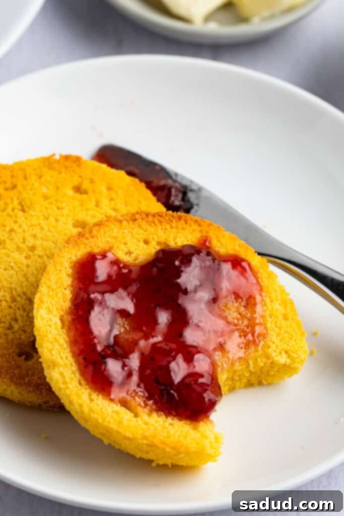 Fluffy Keto English Muffins 2 A keto English muffin generously spread with vibrant red sugar-free jelly, with a delicious bite taken out, resting on a clean white plate.