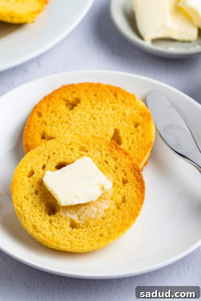 Fluffy Keto English Muffins 3 A freshly toasted keto English muffin, perfectly sliced in half and buttered, presented on a white plate with a butter knife resting beside it.