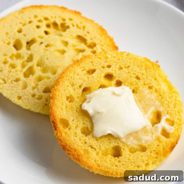 Fluffy Keto English Muffins 4 A beautifully toasted keto English muffin, split in half and buttered, served on a white plate alongside a butter knife, showcasing its perfect texture.
