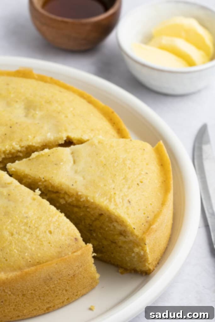 A wedge of moist Instant Pot cornbread, with the remaining loaf, cooling on a white plate