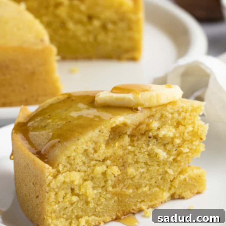 A whole Instant Pot cornbread loaf with a slice removed, showcasing its moist interior