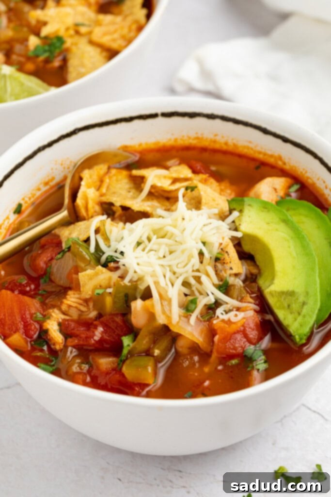 chili's southwest chicken soup in a bowl with a spoon