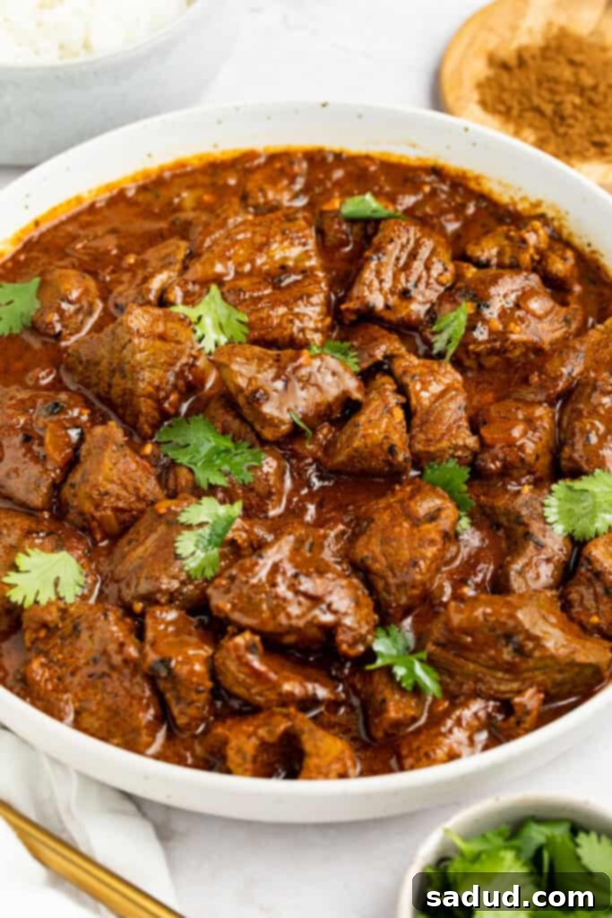 beef vindaloo in a dish with basmati rice, warm naan, fresh cilantro, and a dollop of Greek yogurt on the side