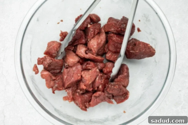 beef vindaloo step 1 - raw beef chuck seasoned with salt and pepper in a mixing bowl
